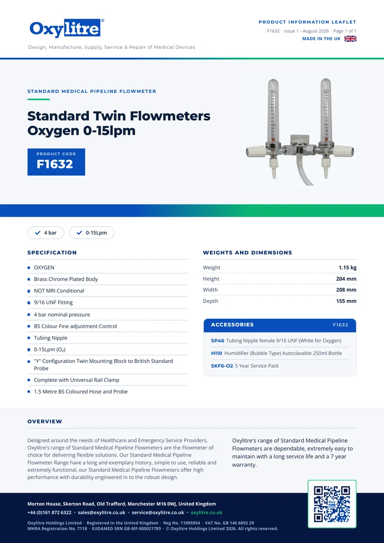 Front page of the Oxylitre F1632 product information leaflet