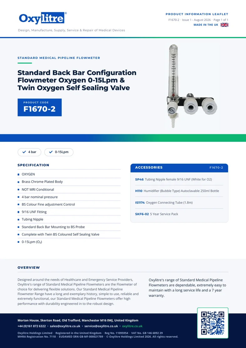 Front page of the Oxylitre F1670-2 product information leaflet