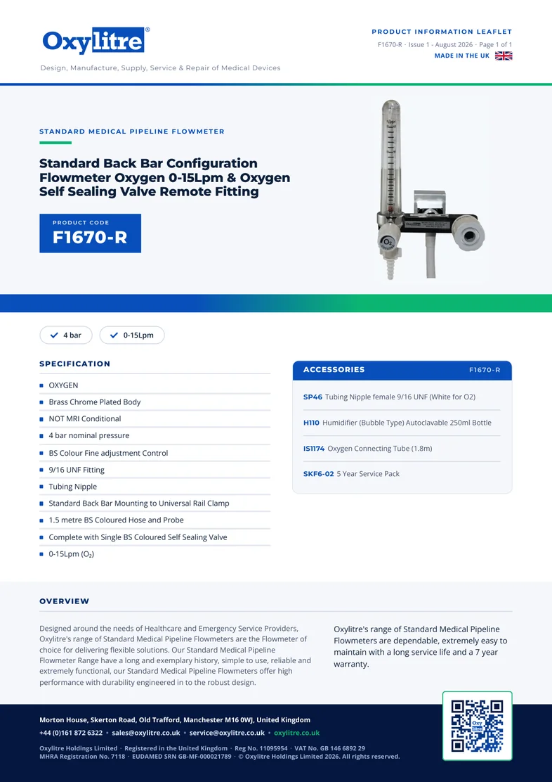 Front page of the Oxylitre F1670-R product information leaflet