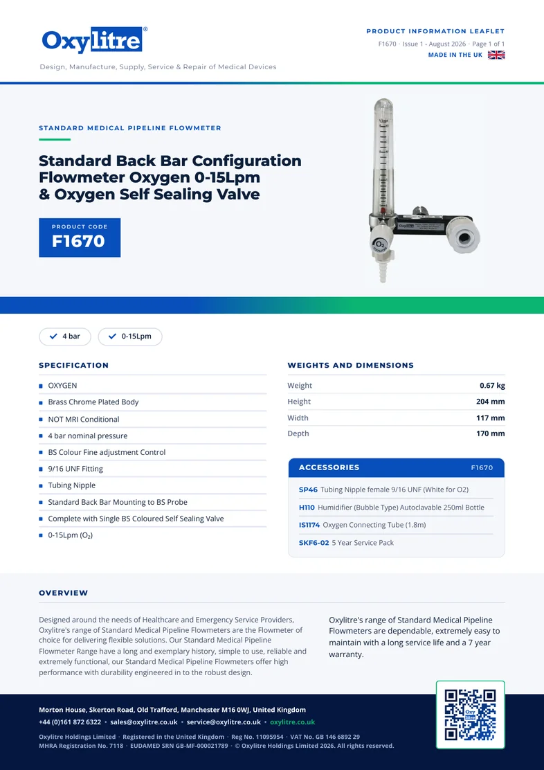 Front page of the Oxylitre F1670 product information leaflet