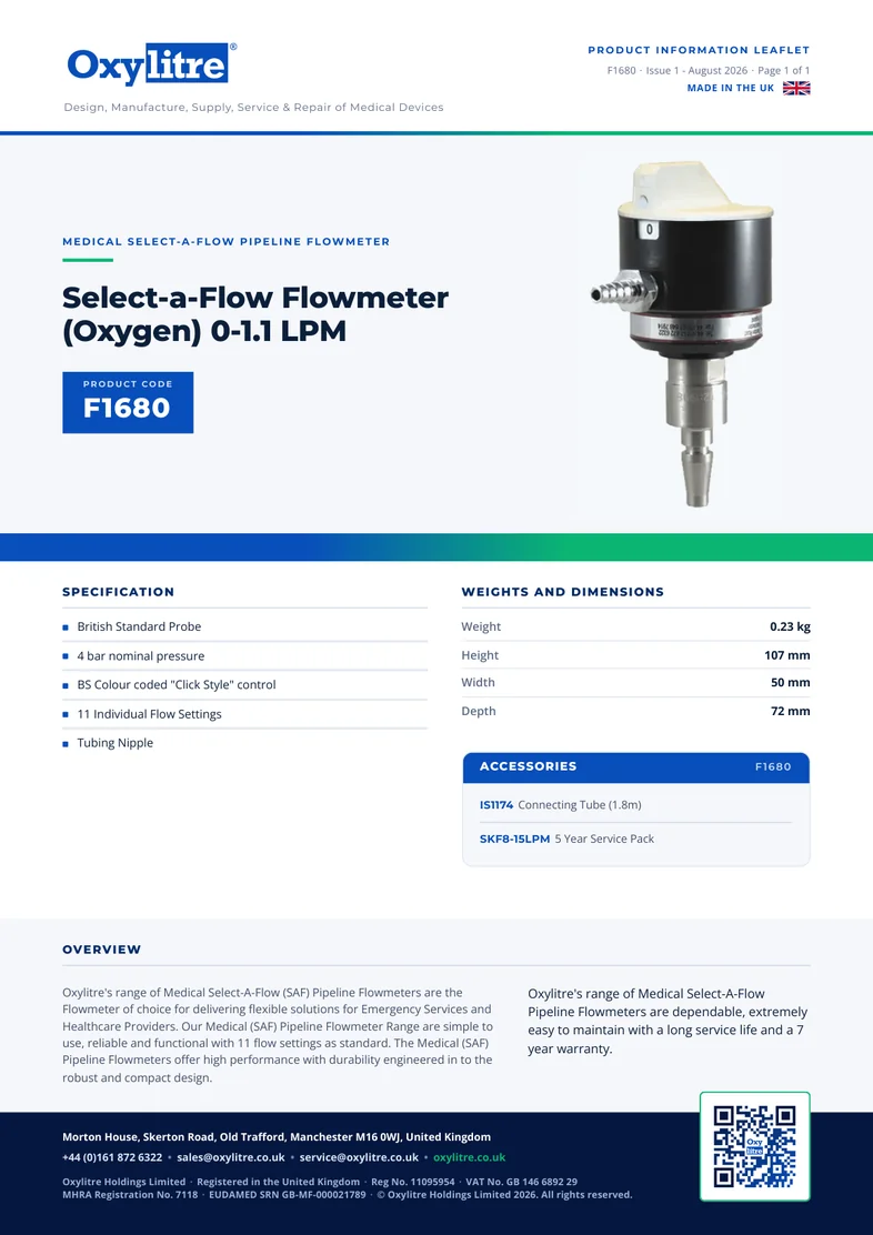 Front page of the Oxylitre F1680 product information leaflet