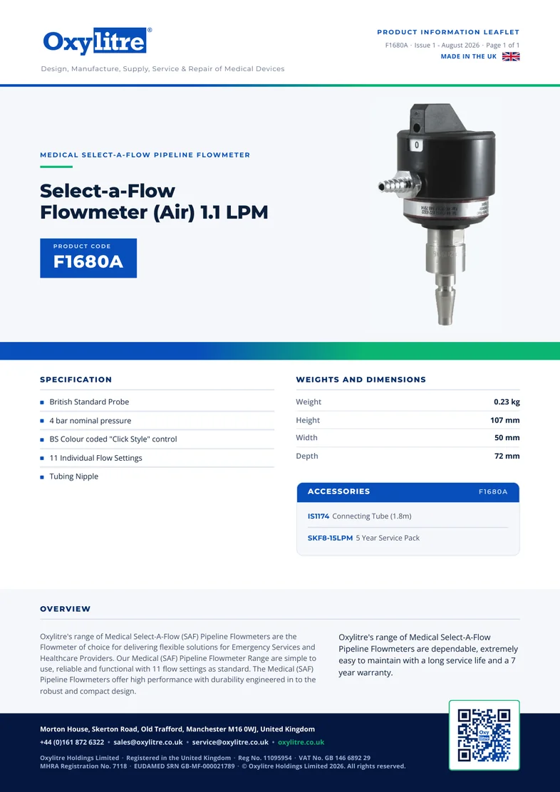 Front page of the Oxylitre F1680A product information leaflet