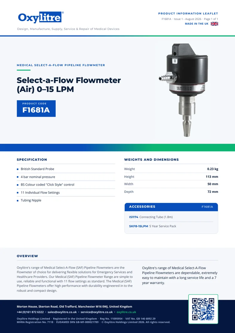 Front page of the Oxylitre F1681A product information leaflet