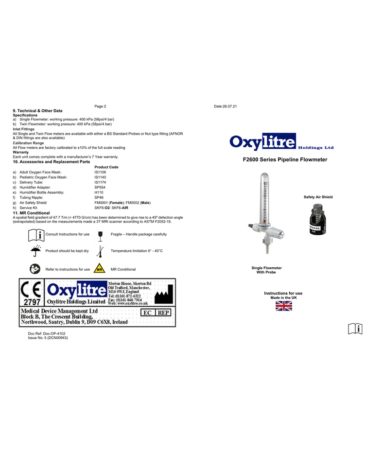 Front page of the Oxylitre F2600 Series medical pipeline flowmeter instructions for use