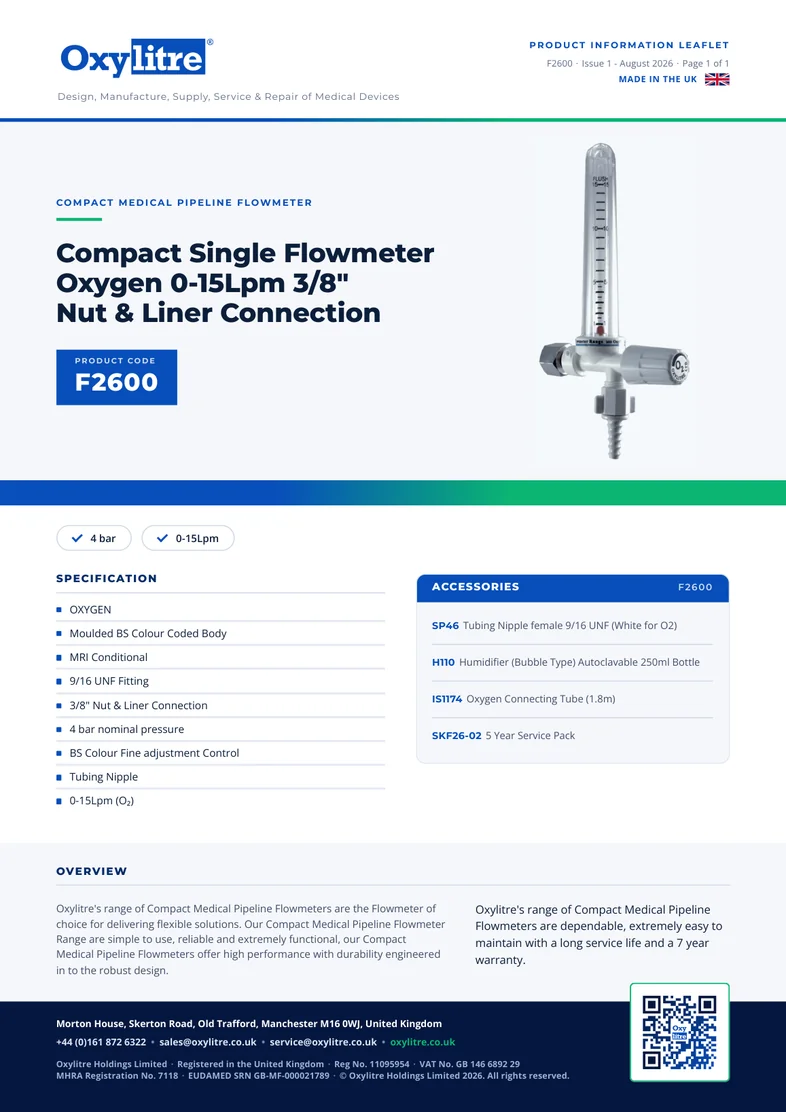 Front page of the Oxylitre F2600 product leaflet