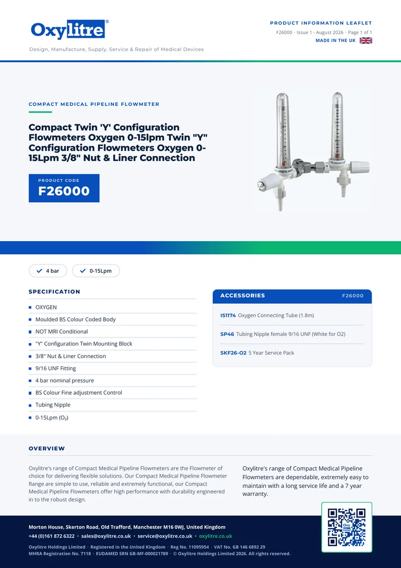 Front page of the Oxylitre F26000 product information leaflet