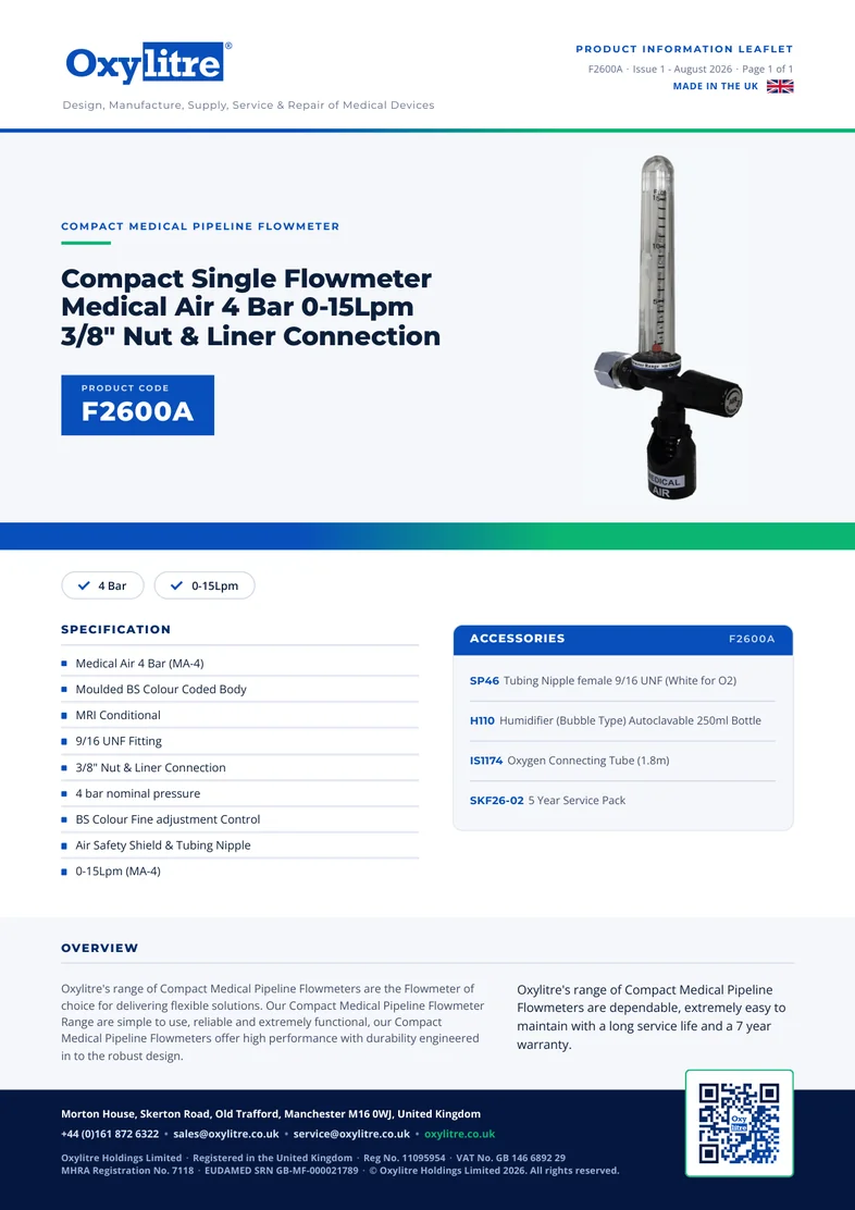 Front page of the Oxylitre F2600A product leaflet