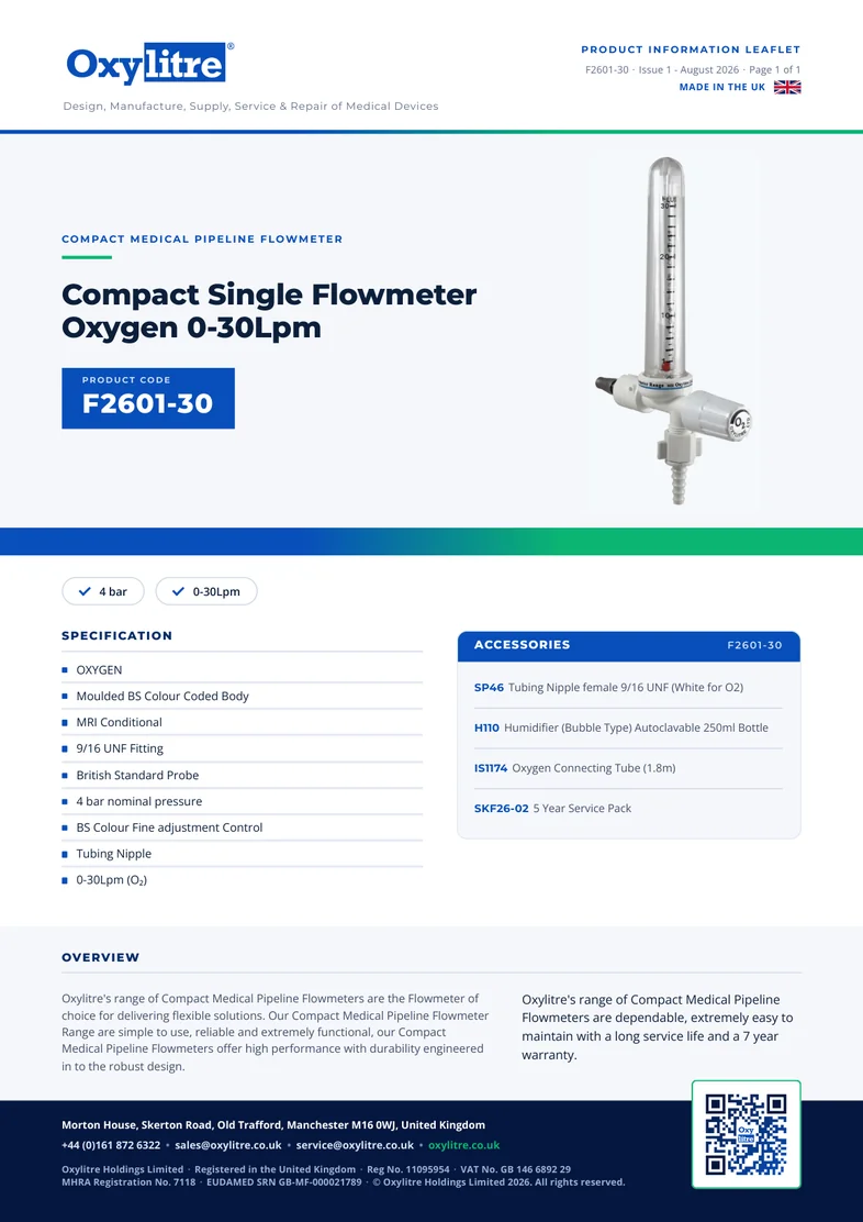 Front page of the Oxylitre F2601-30 product leaflet