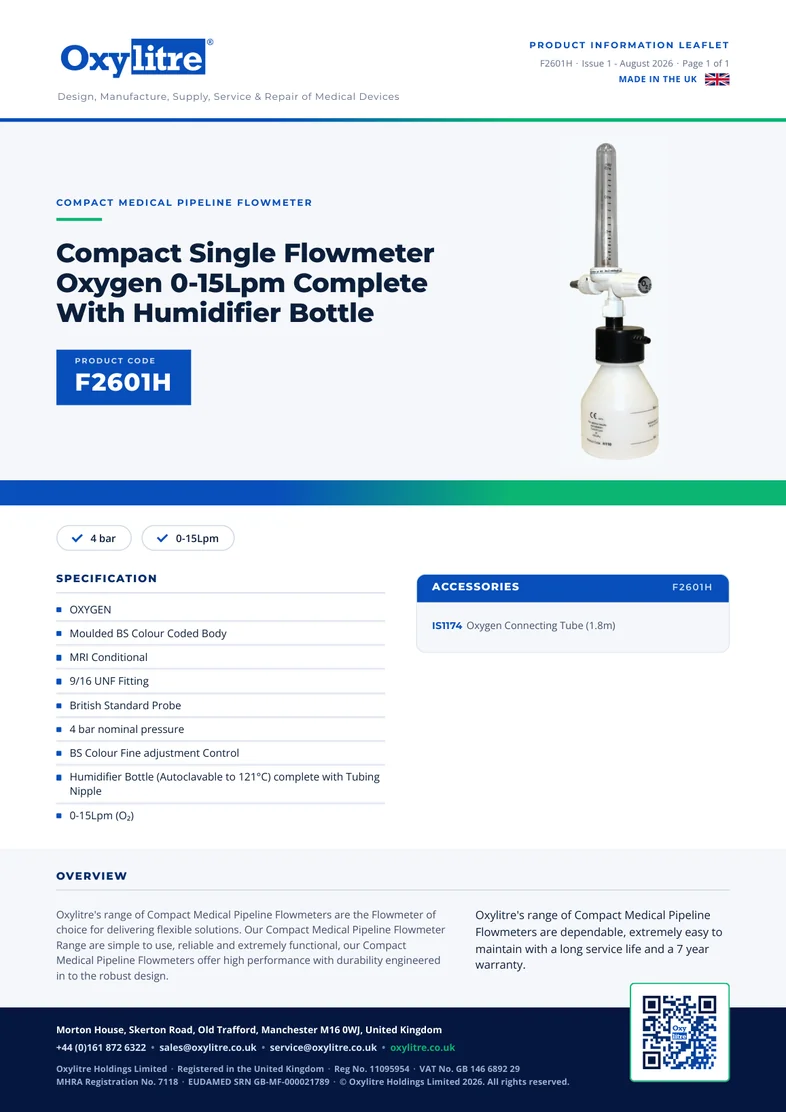 Front page of the Oxylitre F2601H product leaflet