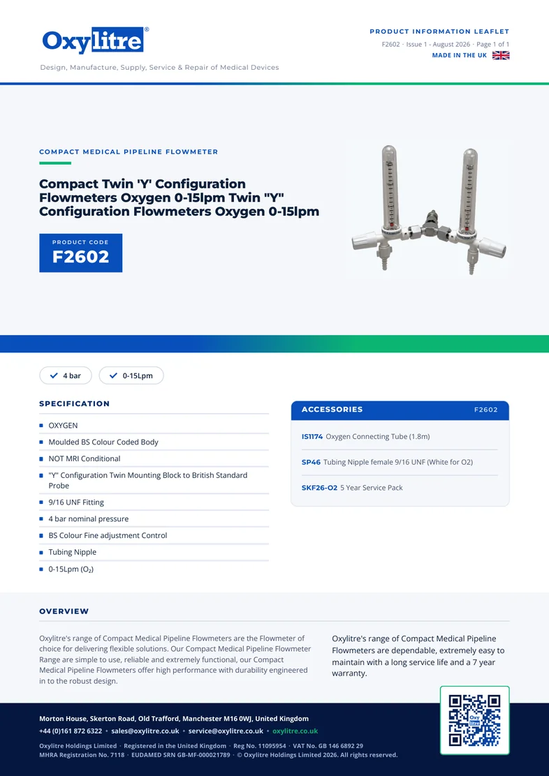 Front page of the Oxylitre F2602 product information leaflet