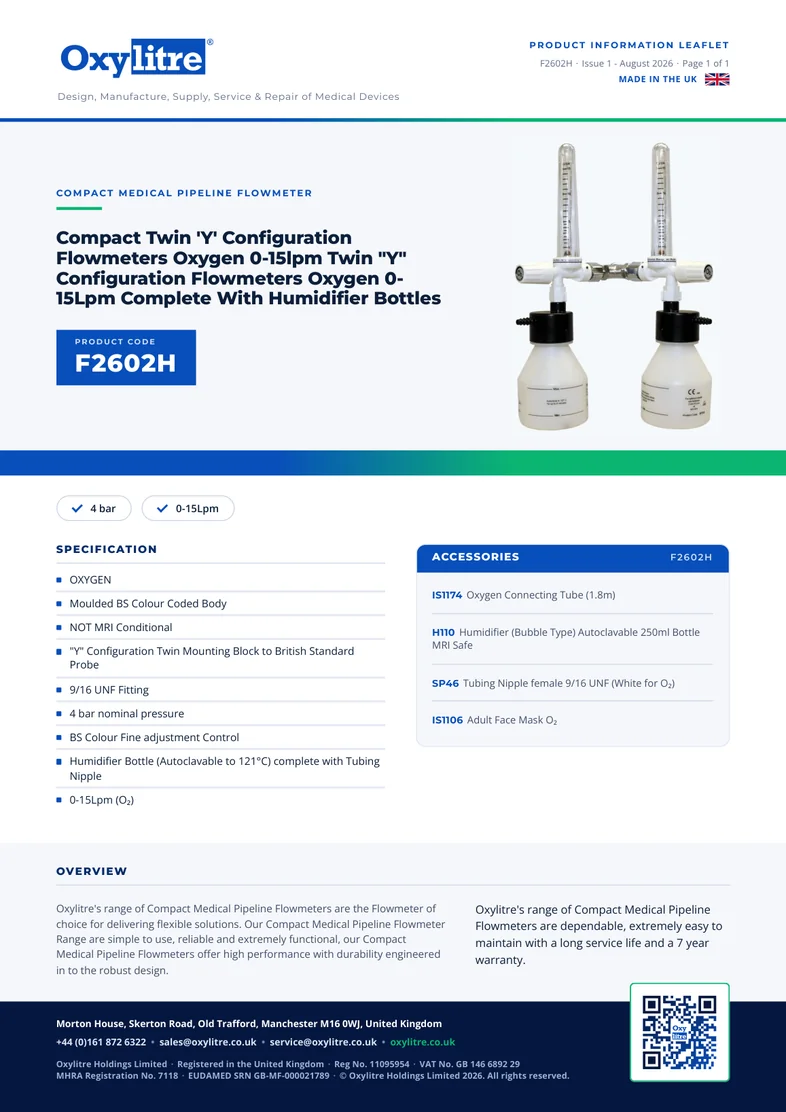 Front page of the Oxylitre F2602H product information leaflet