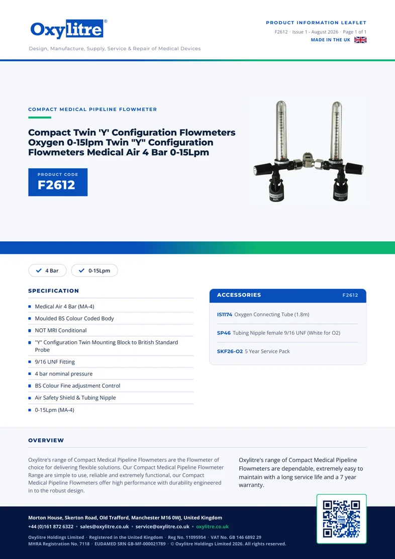 Front page of the Oxylitre F2612 product information leaflet