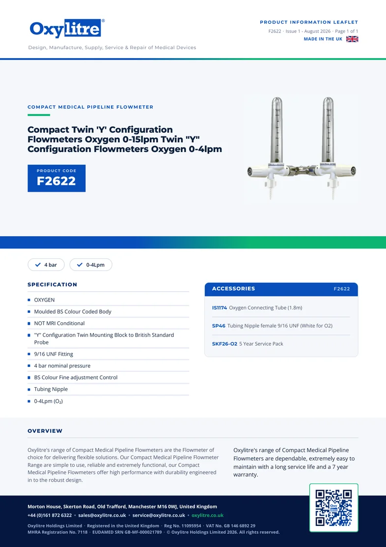 Front page of the Oxylitre F2622 product information leaflet
