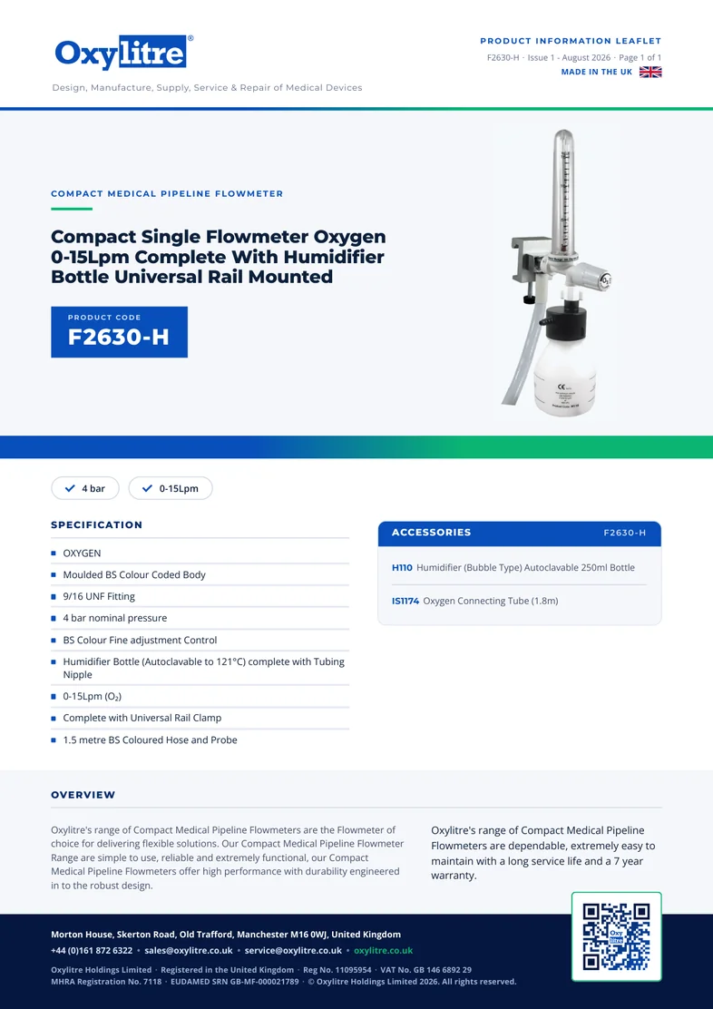 Front page of the Oxylitre F2630-H product leaflet
