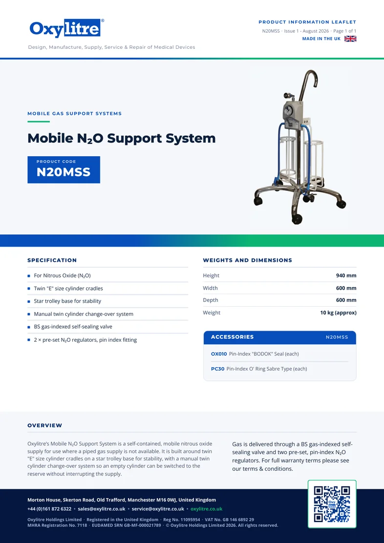 Front page of the Oxylitre N20MSS product leaflet