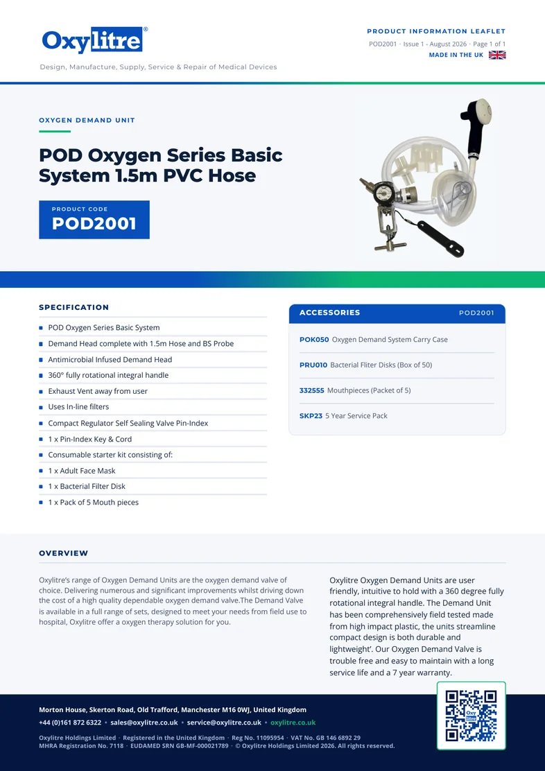 Front page of the Oxylitre POD2001 product information leaflet