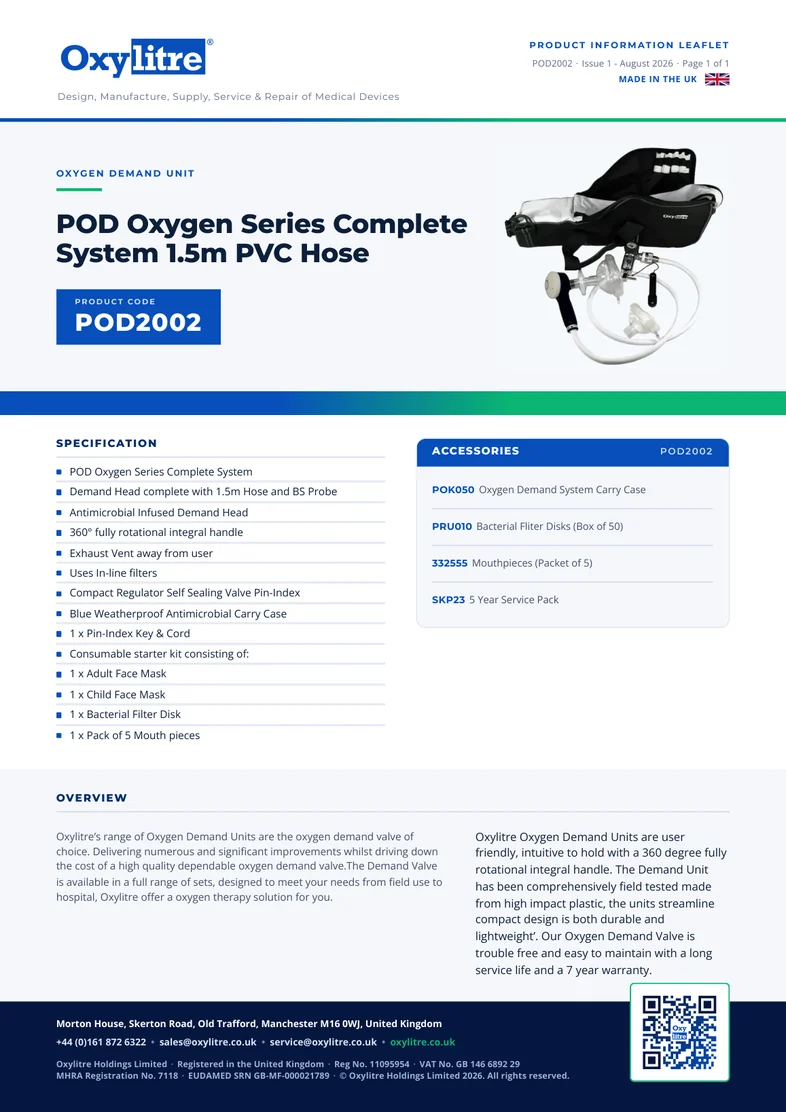 Front page of the Oxylitre POD2002 product information leaflet