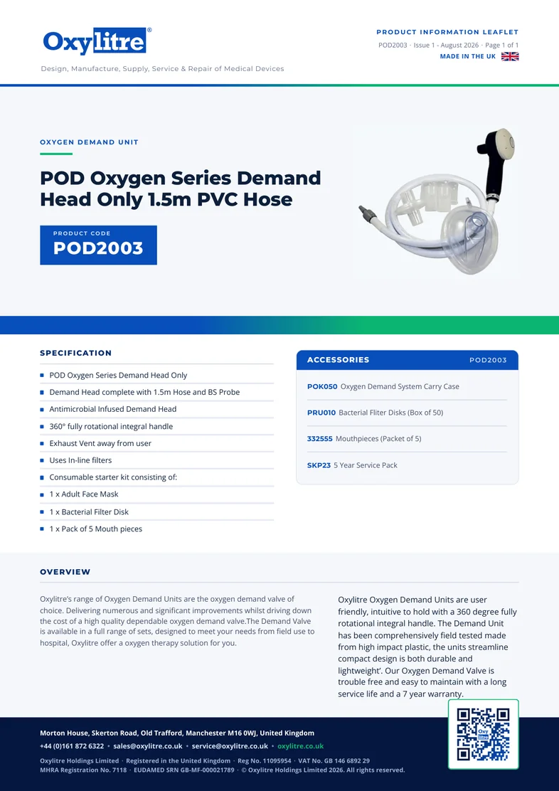 Front page of the Oxylitre POD2003 product information leaflet