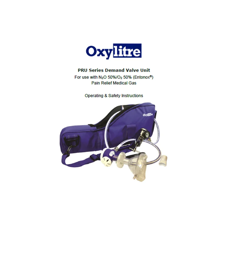 Front page of the Oxylitre PRU Series Entonox&reg; pain relief unit instructions for use