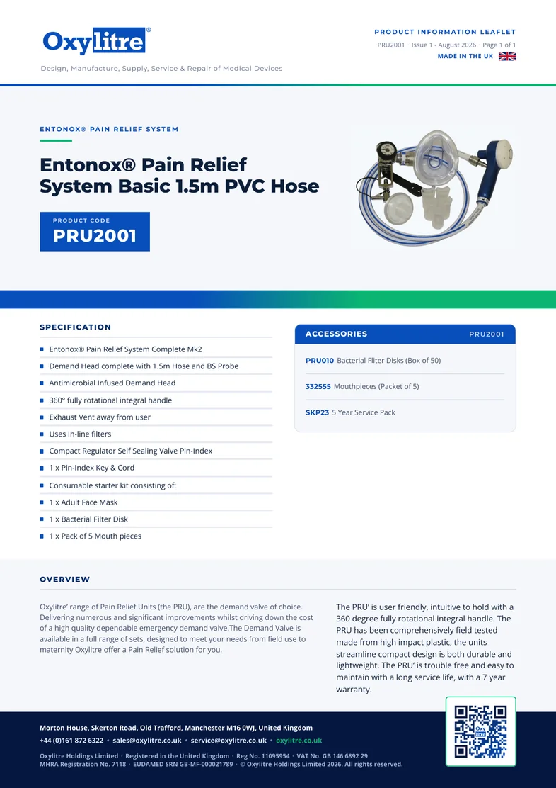 Front page of the Oxylitre PRU2001 product information leaflet