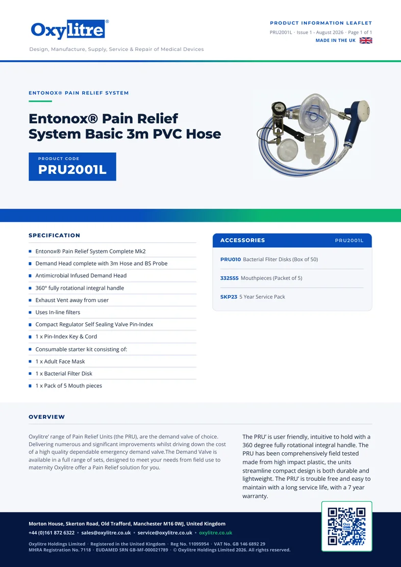 Front page of the Oxylitre PRU2001L product information leaflet