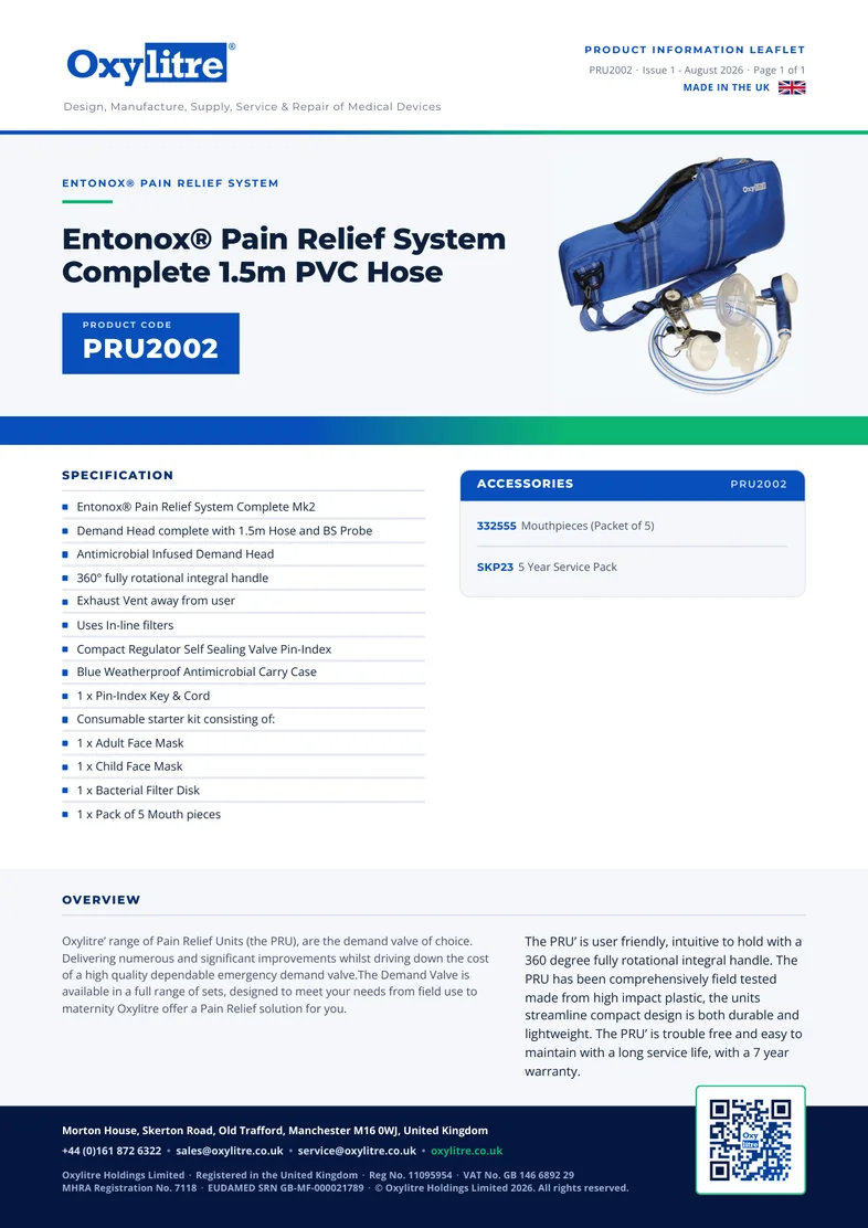 Front page of the Oxylitre PRU2002 product information leaflet