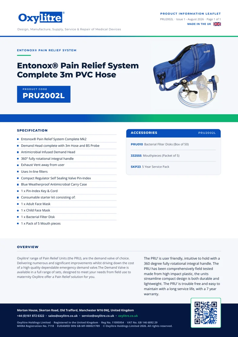 Front page of the Oxylitre PRU2002L product information leaflet