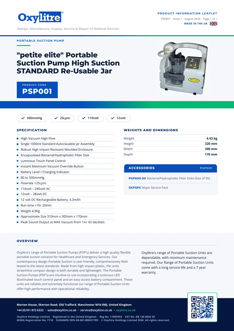Front page of the Oxylitre PSP001 product information leaflet