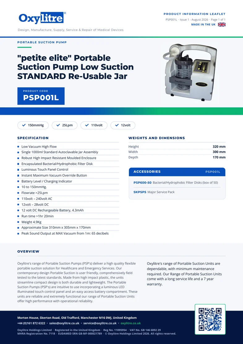 Front page of the Oxylitre PSP001L product information leaflet