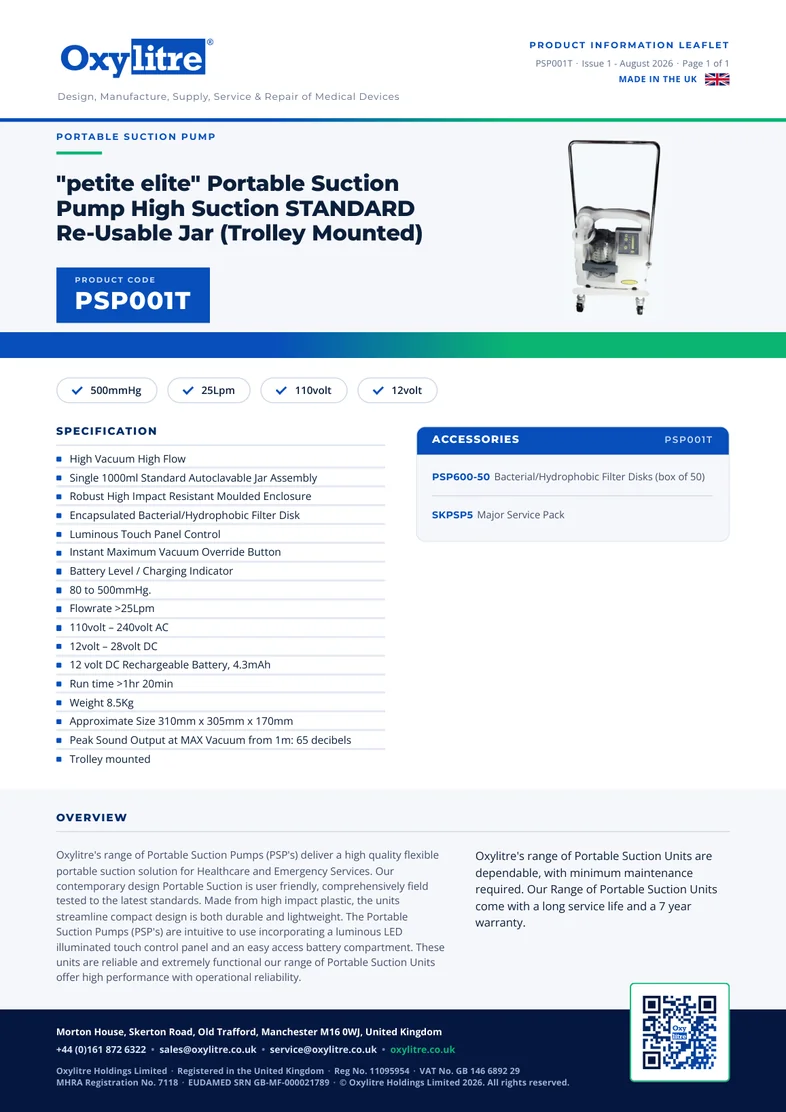 Front page of the Oxylitre PSP001T product information leaflet