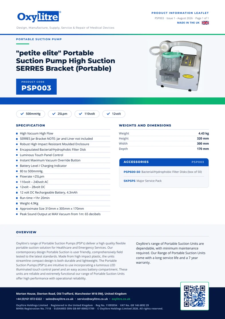 Front page of the Oxylitre PSP003 product information leaflet