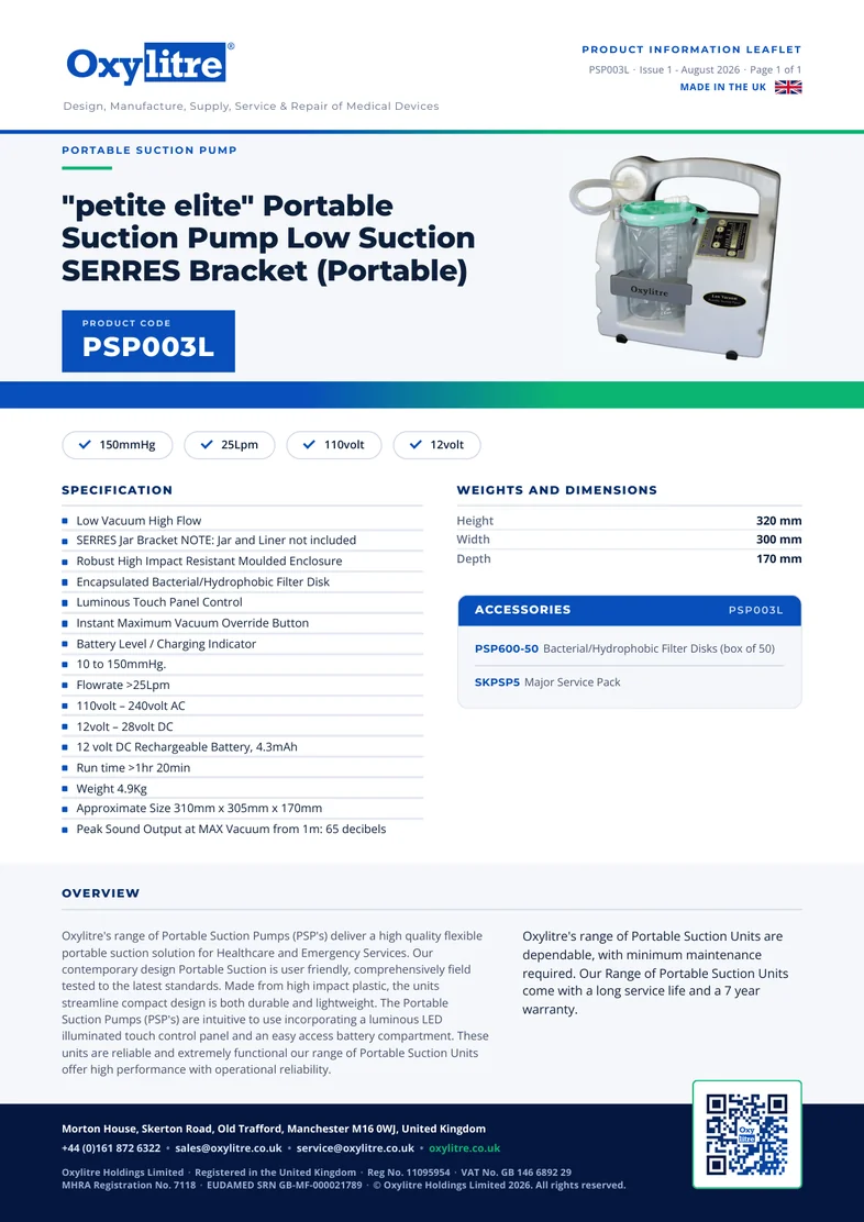 Front page of the Oxylitre PSP003L product information leaflet