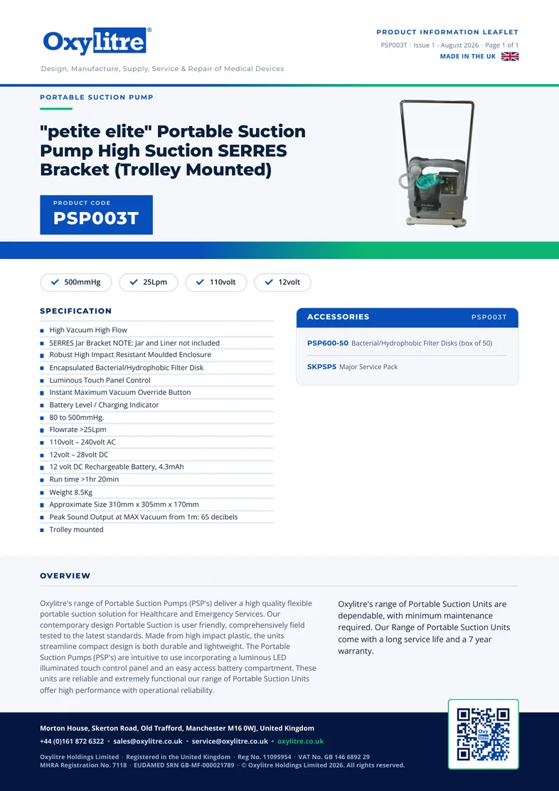 Front page of the Oxylitre PSP003T product information leaflet