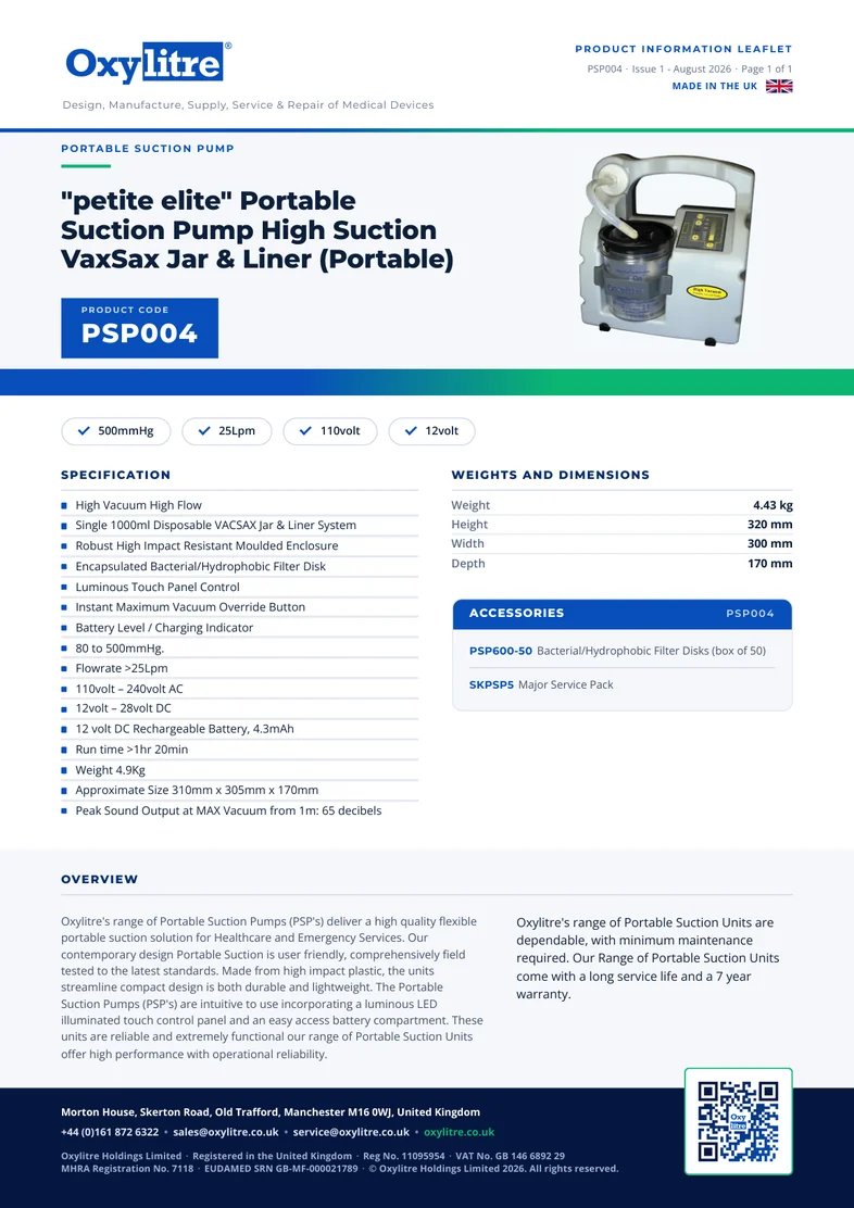 Front page of the Oxylitre PSP004 product information leaflet