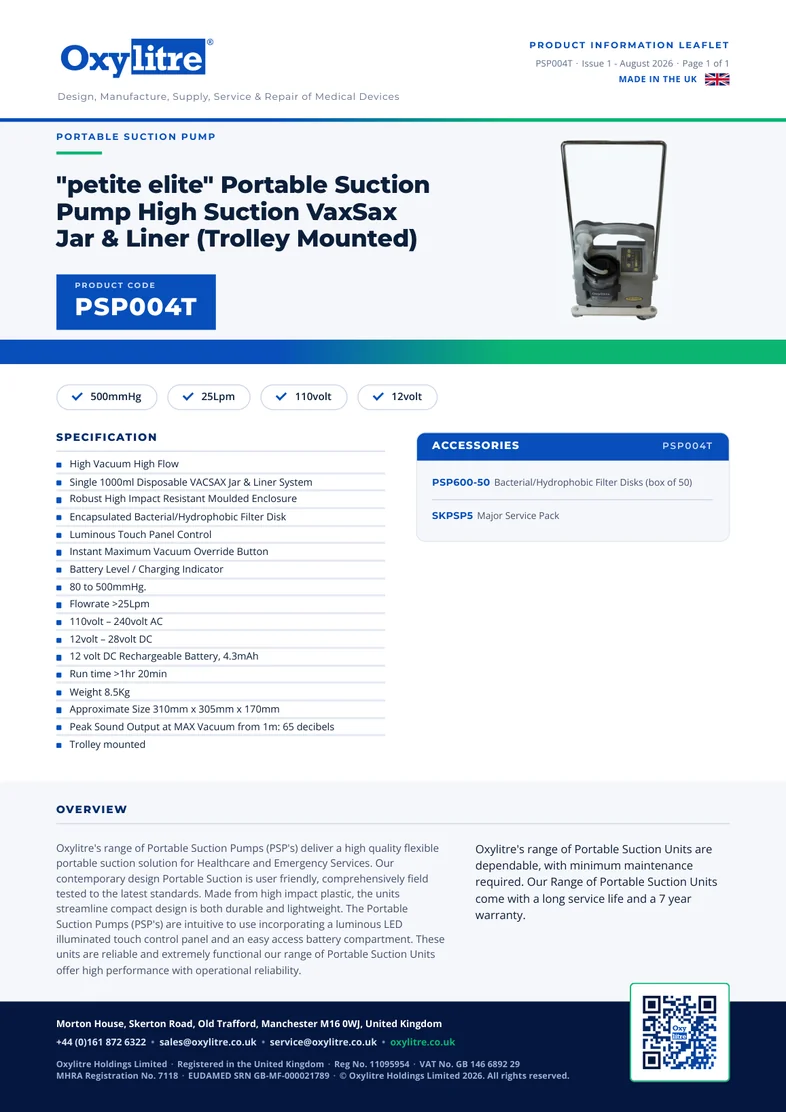 Front page of the Oxylitre PSP004T product information leaflet