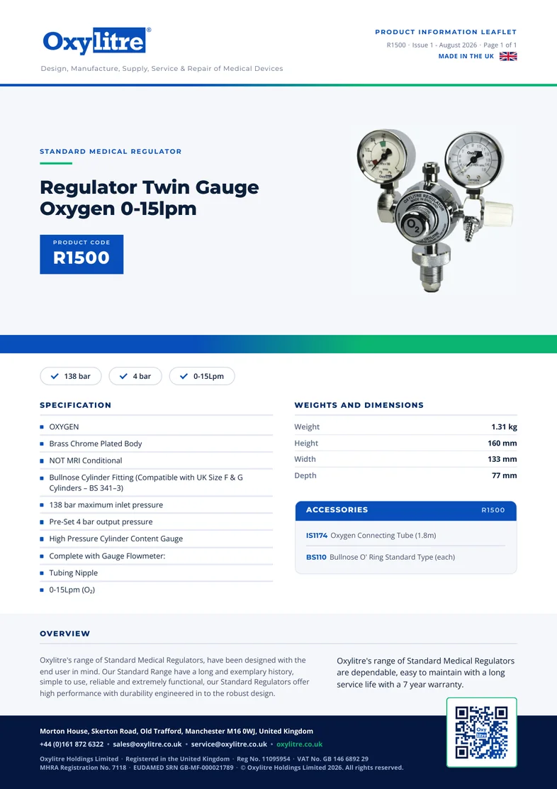 Front page of the Oxylitre R1500 product information leaflet
