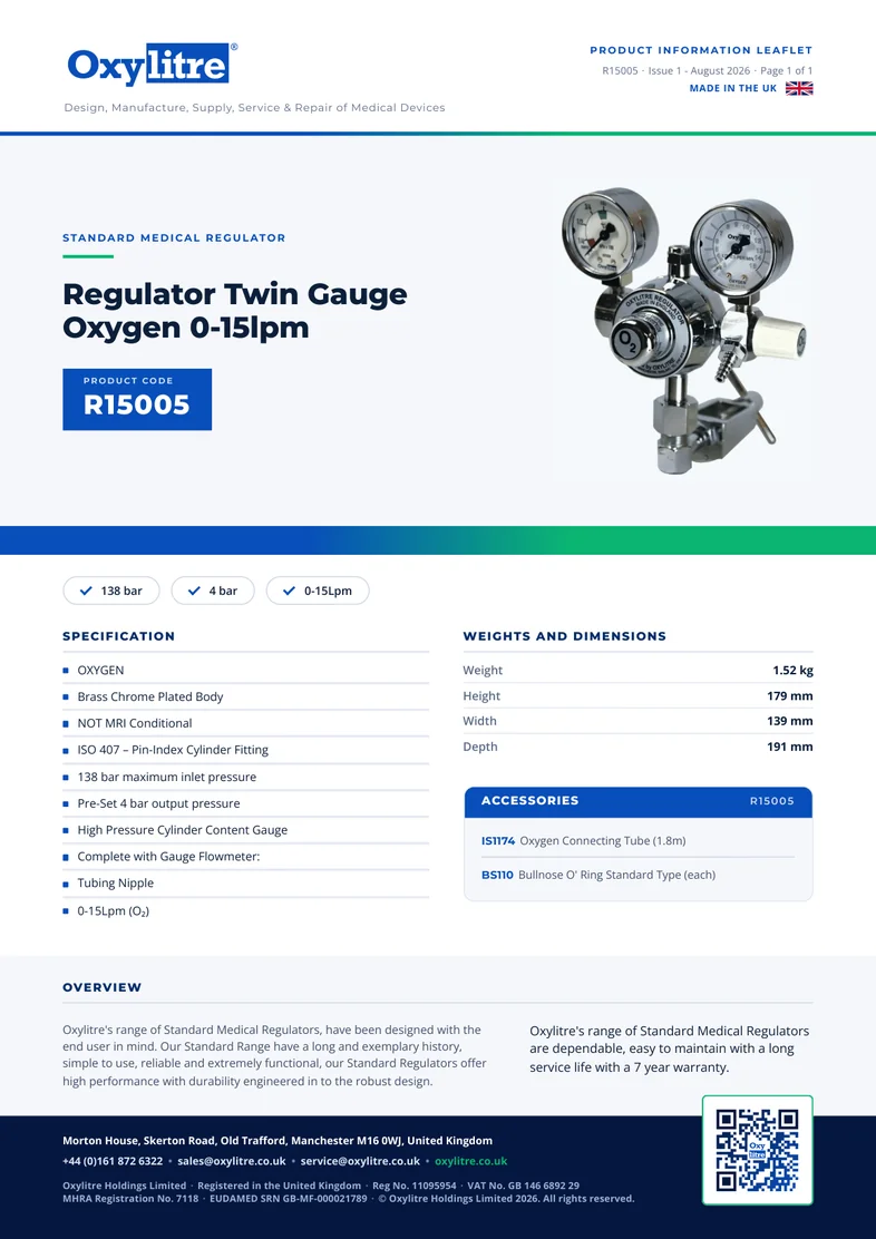 Front page of the Oxylitre R15005 product information leaflet
