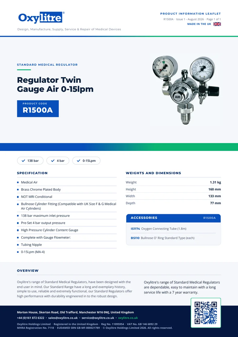 Front page of the Oxylitre R1500A product information leaflet