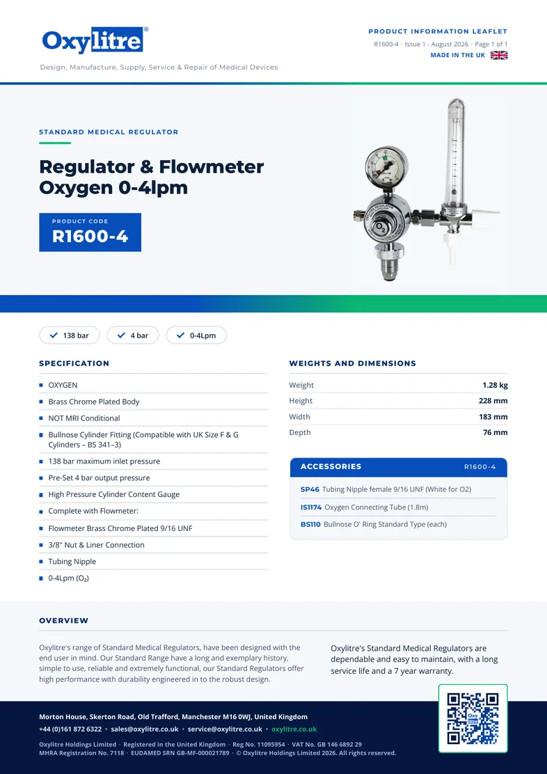 Front page of the Oxylitre R1600-4 product information leaflet