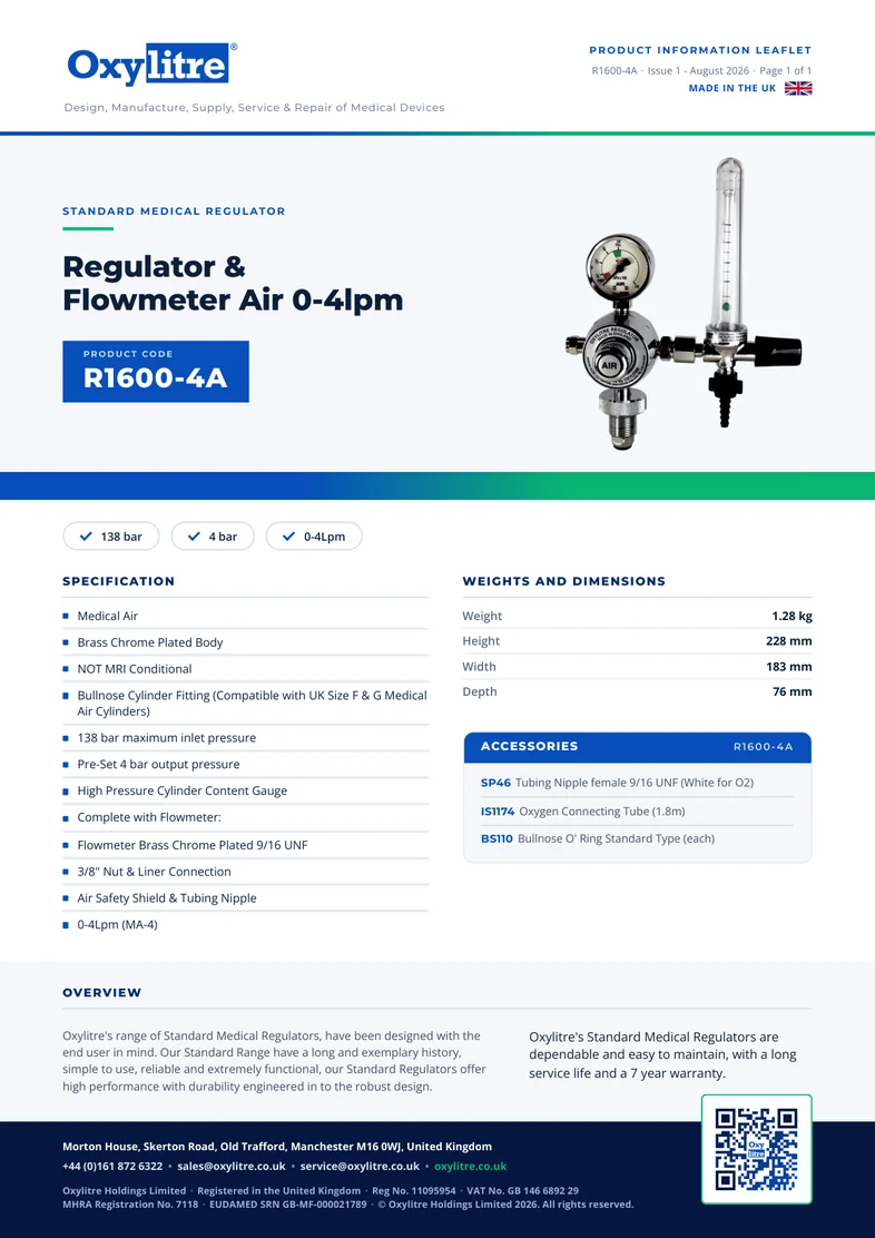 Front page of the Oxylitre R1600-4A product information leaflet