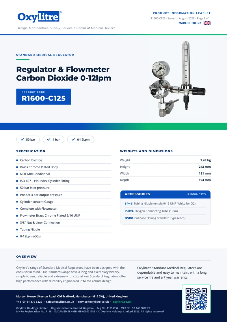 Front page of the Oxylitre R1600-C125 product information leaflet