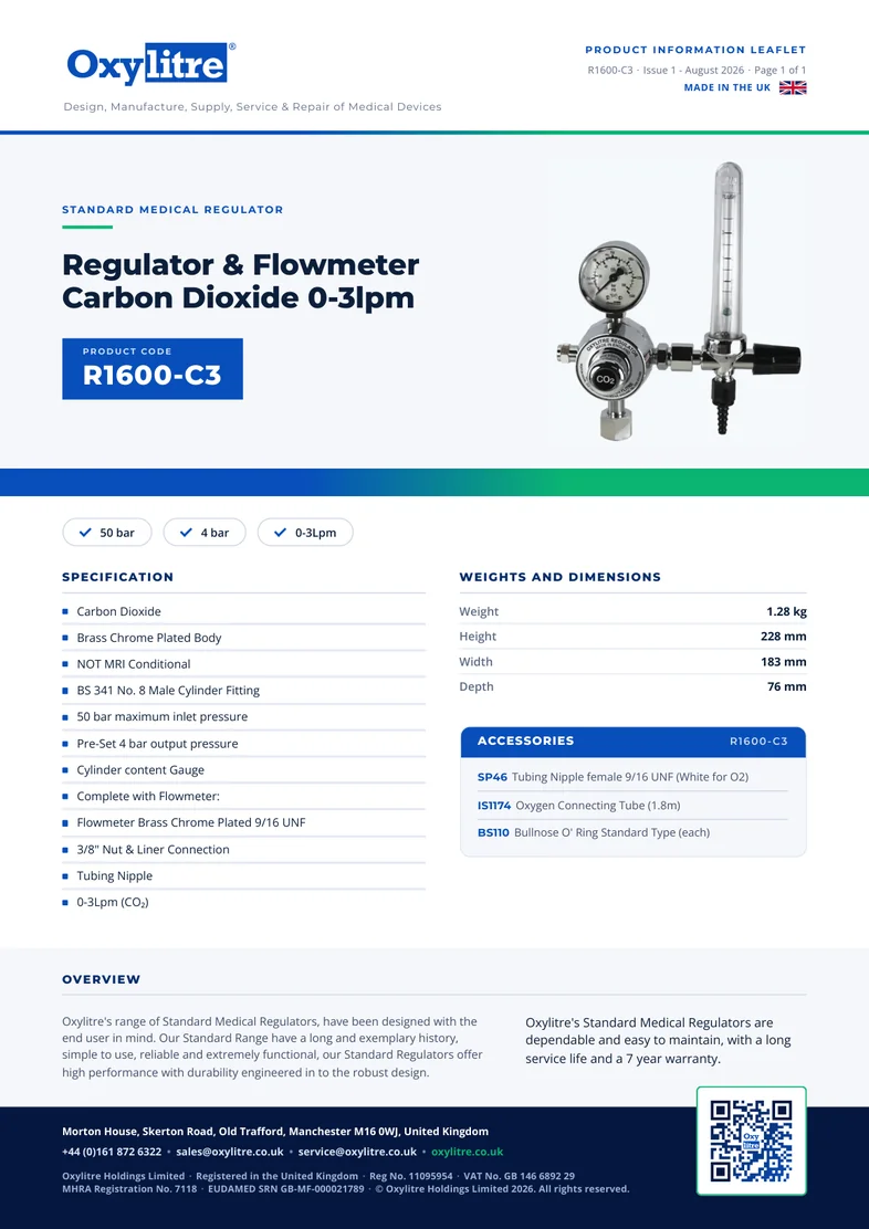Front page of the Oxylitre R1600-C3 product information leaflet