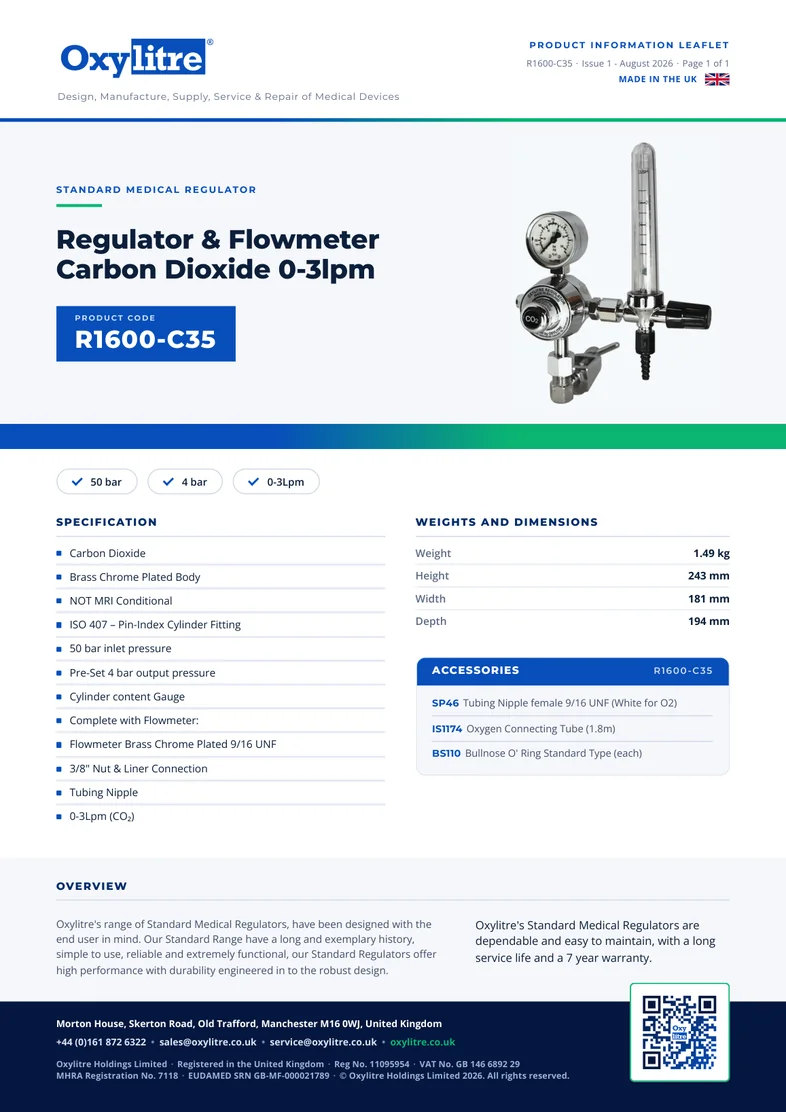 Front page of the Oxylitre R1600-C35 product information leaflet