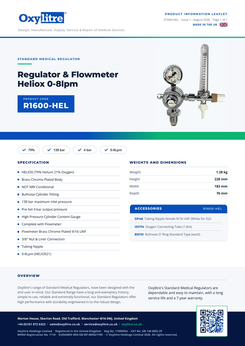 Front page of the Oxylitre R1600-HEL product information leaflet