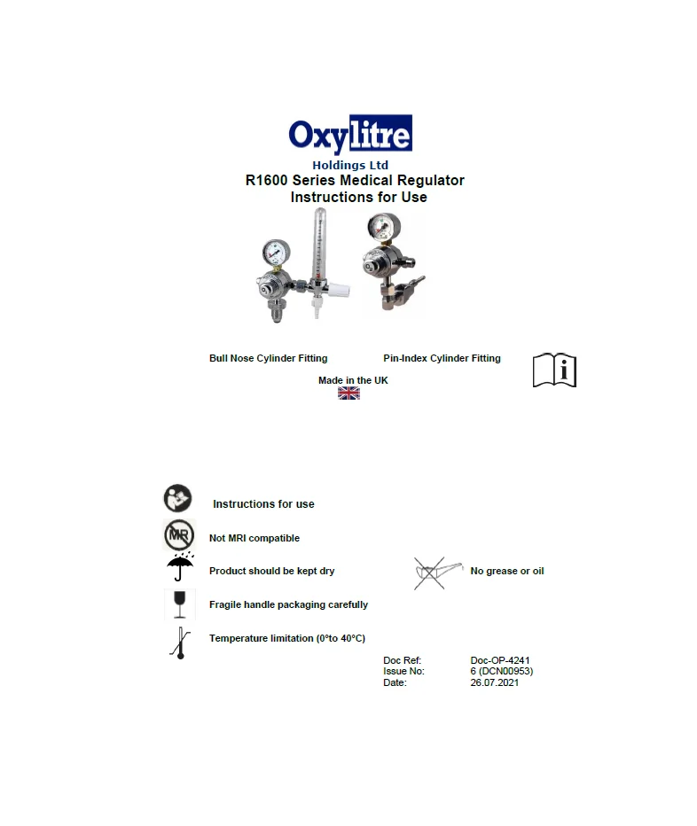 Front page of the Oxylitre R1600 Series medical regulator instructions for use