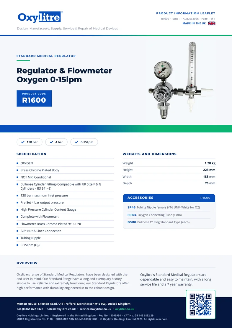 Front page of the Oxylitre R1600 product information leaflet