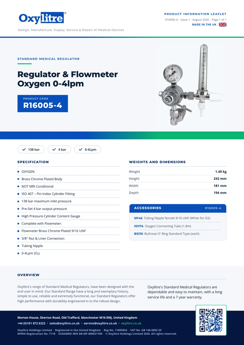 Front page of the Oxylitre R16005-4 product information leaflet