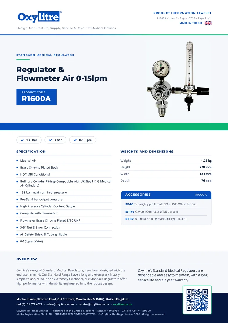 Front page of the Oxylitre R1600A product information leaflet