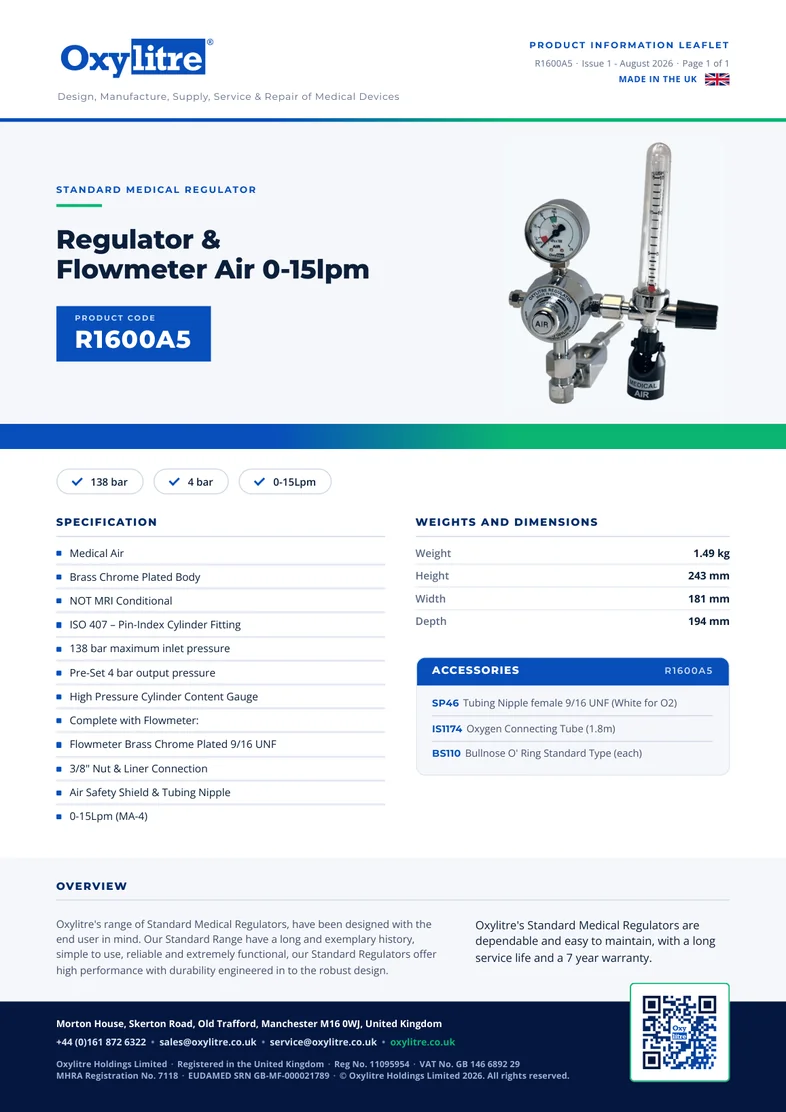 Front page of the Oxylitre R1600A5 product information leaflet