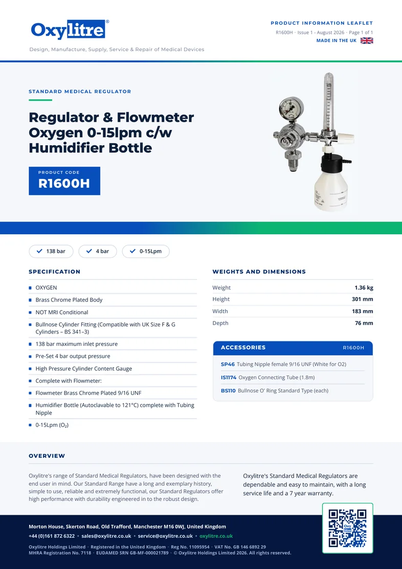 Front page of the Oxylitre R1600H product information leaflet